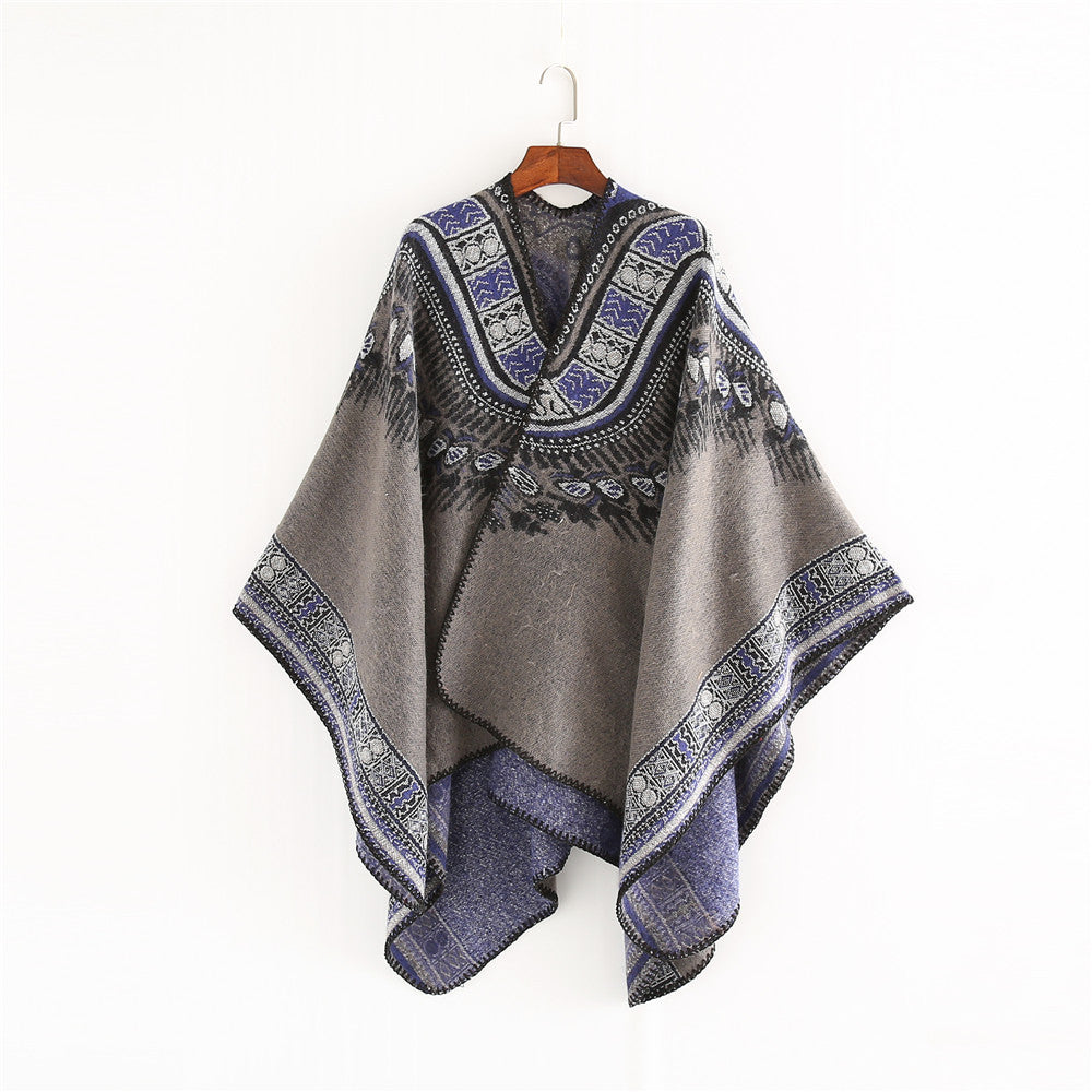 Damen gefütterter Poncho mit kunstvollem ethnischen Design und eleganten Fransen WW