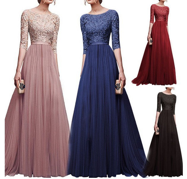Damen Abendkleid mit Spitzenoberteil und fließendem Rock WW