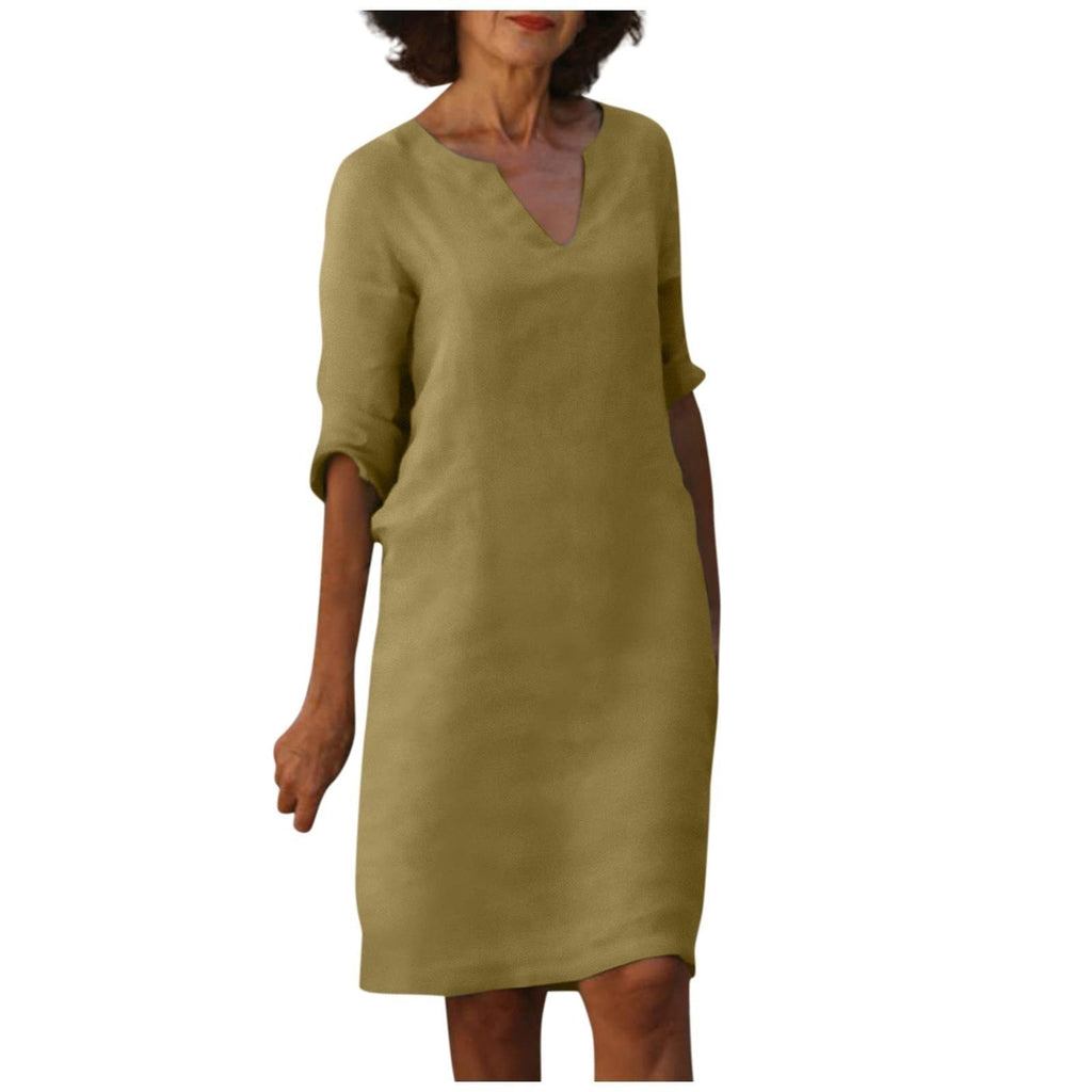 WW | Baumwolle und Leinen V-Ausschnitt Kleid Sommer Nähen Retro Hohe Taille Einfarbige Kleider
