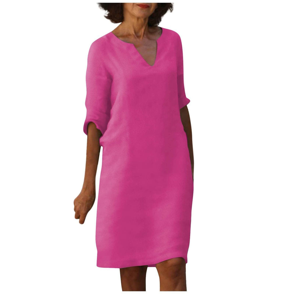 WW | Baumwolle und Leinen V-Ausschnitt Kleid Sommer Nähen Retro Hohe Taille Einfarbige Kleider