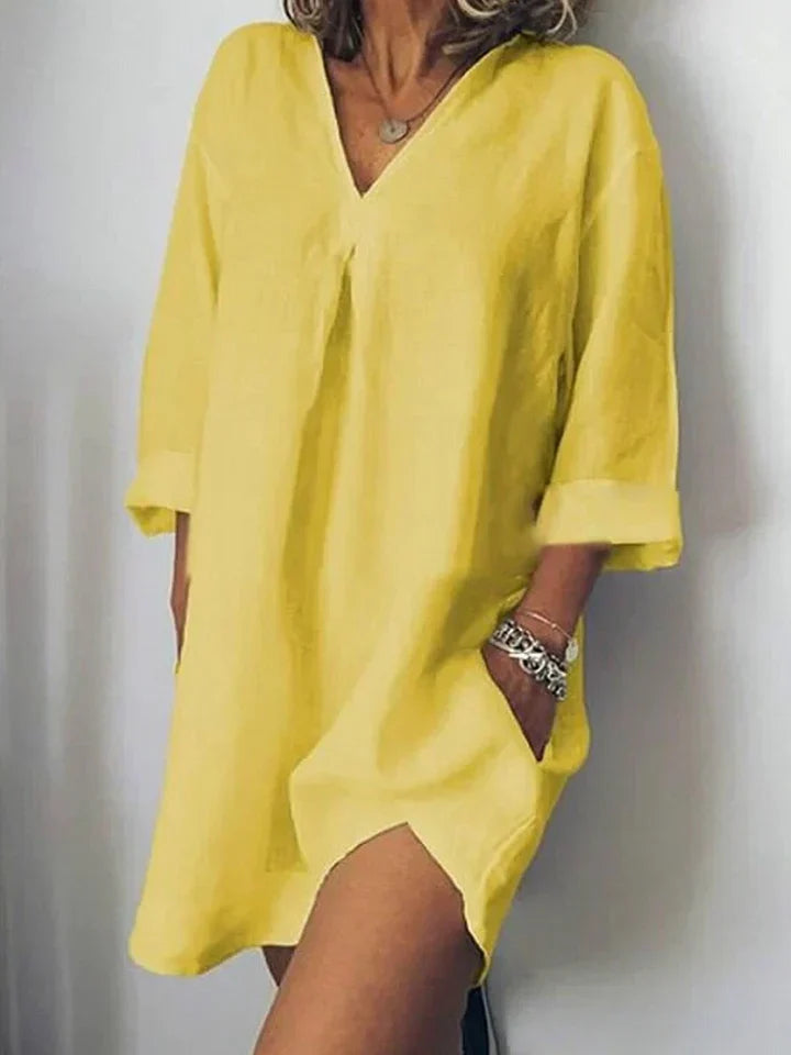 Damen-Leinenkleid mit V-Ausschnitt und halblangen Ärmeln