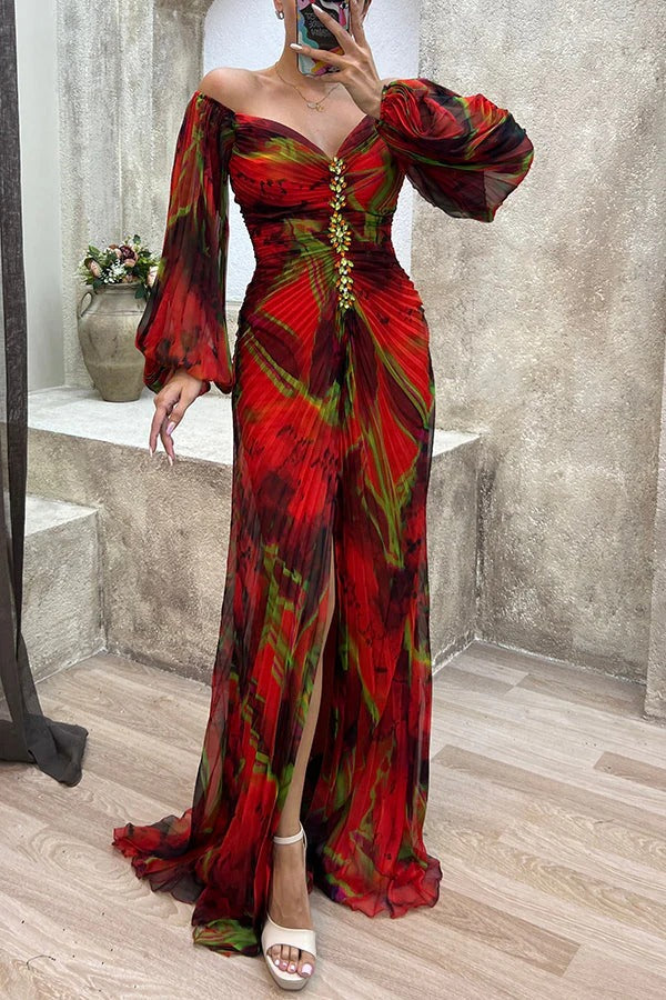 WW | Sunset Serenade Bedrucktes Off-Shoulder Maxikleid mit Diamantverzierungen und Faltenröcken mit Schlitz