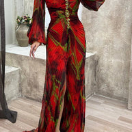 WW | Sunset Serenade Bedrucktes Off-Shoulder Maxikleid mit Diamantverzierungen und Faltenröcken mit Schlitz