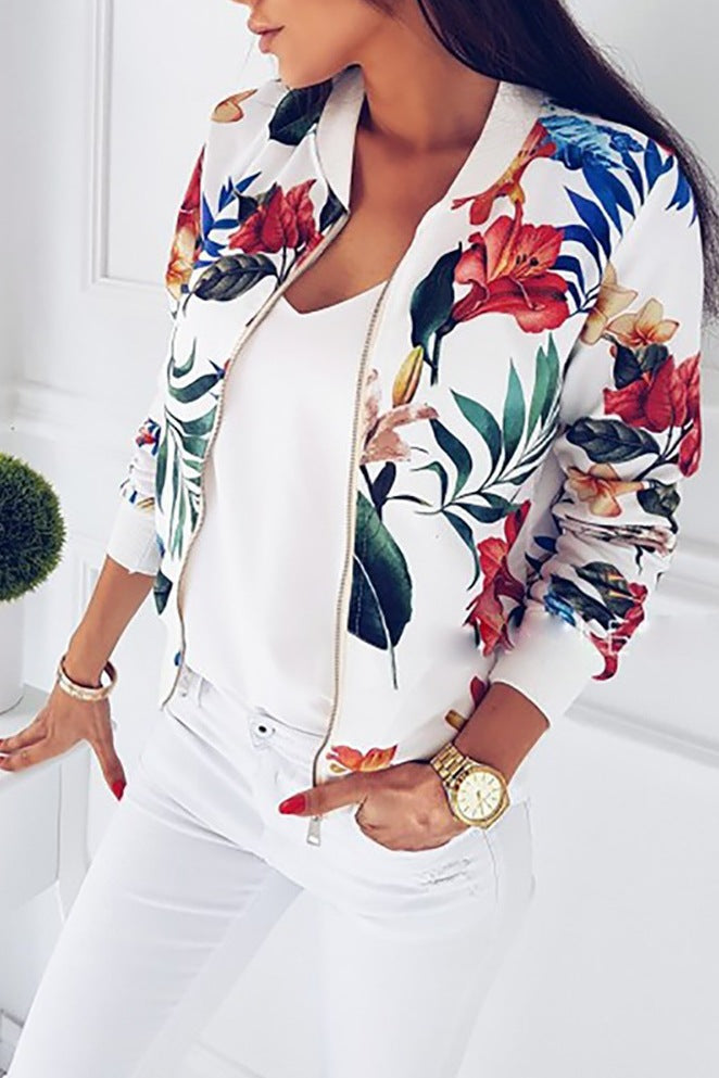 Damen Bomberjacke mit floralem Druck und elastischen Bündchen W&W Mode