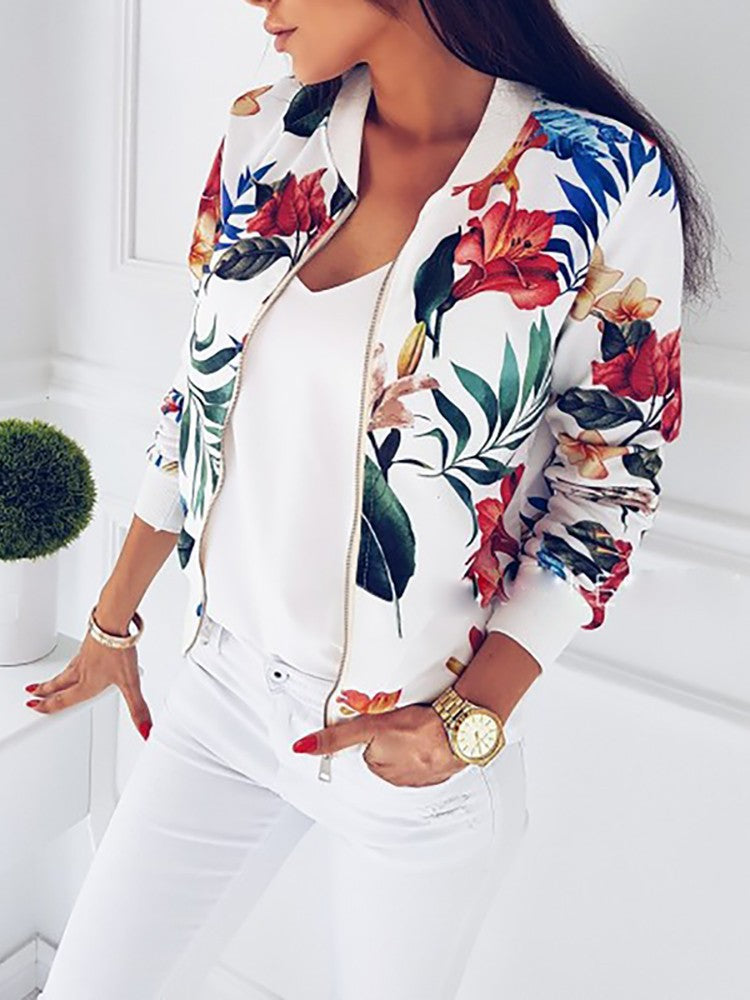 Damen Bomberjacke mit floralem Druck und elastischen Bündchen WW