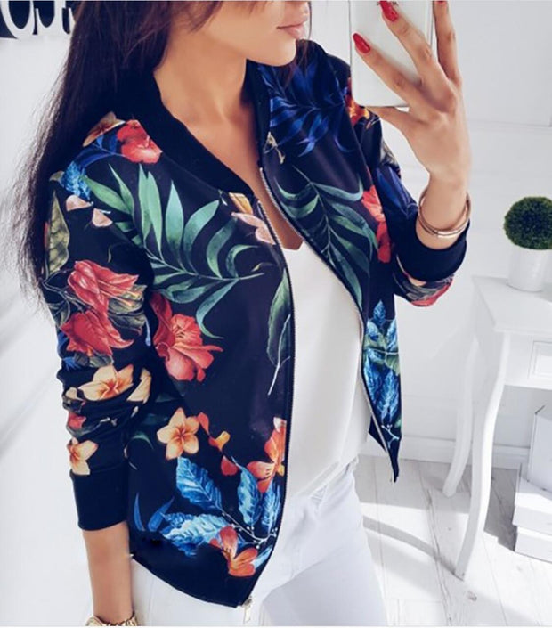 Damen Bomberjacke mit floralem Druck und elastischen Bündchen WW