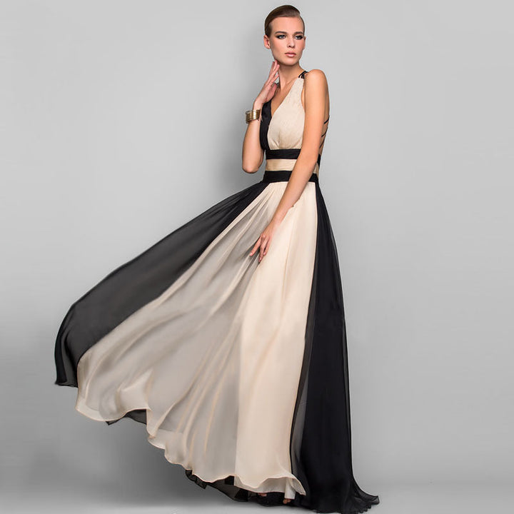 W&W Mode | V-Ausschnitt Ärmelloses Farbblockkleid