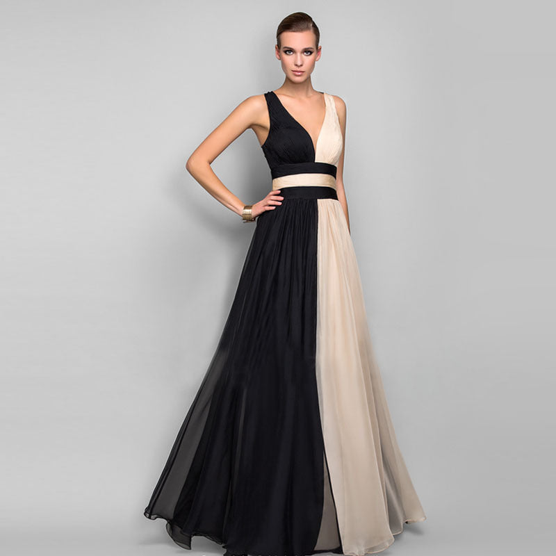 WW | V-Ausschnitt Ärmelloses Farbblockkleid