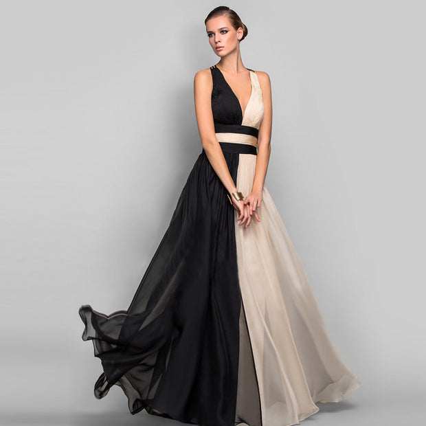 WW | V-Ausschnitt Ärmelloses Farbblockkleid