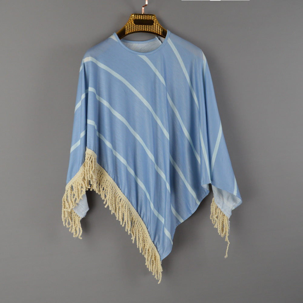 Damen Poncho mit lässigem Streifenmuster und fransigem Saum WW