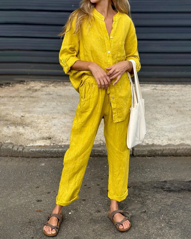 WW | Lässiges V-Ausschnitt Shirt & Hosen Baumwoll-Leinen Set