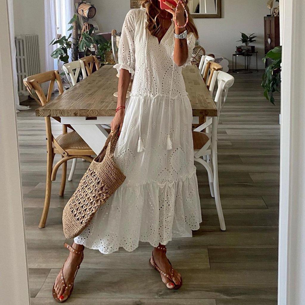 WW | Romantische Weiße Halbarm-Maxikleid