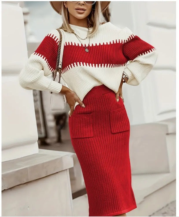 W&W Mode | teilige Strickset - Pullover mit langen Ärmeln und schmalem Midirock