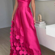 WW | Luxuriös Poise Satin Gespaltenes Mesh-Punkted Stoff Off-Shoulder Formale Maxi-Kleid