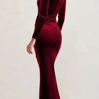 WW | Hollywood Glamour Samt Tief-V-Ausschnitt Langarm Verdrehte Schlitz Stretch Maxi Kleid