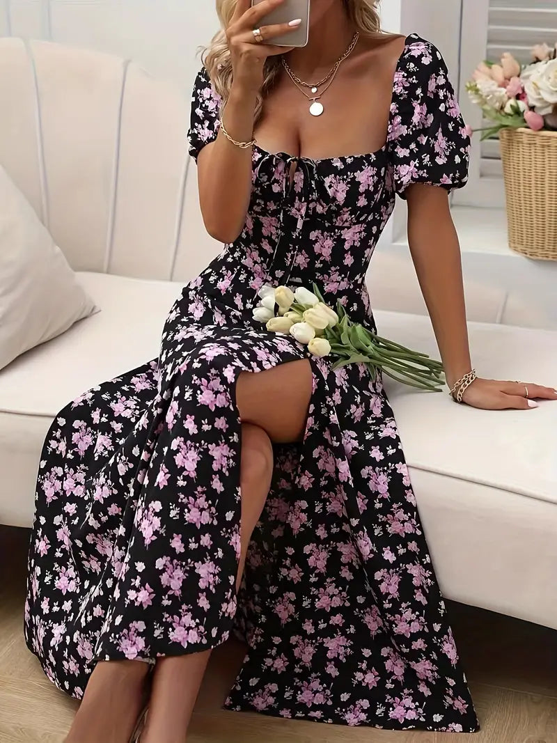 WW | Schickes Kleid mit Puffärmeln Im A-Linien-Stil mit Blumendruck