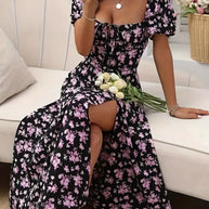 WW | Schickes Kleid mit Puffärmeln Im A-Linien-Stil mit Blumendruck