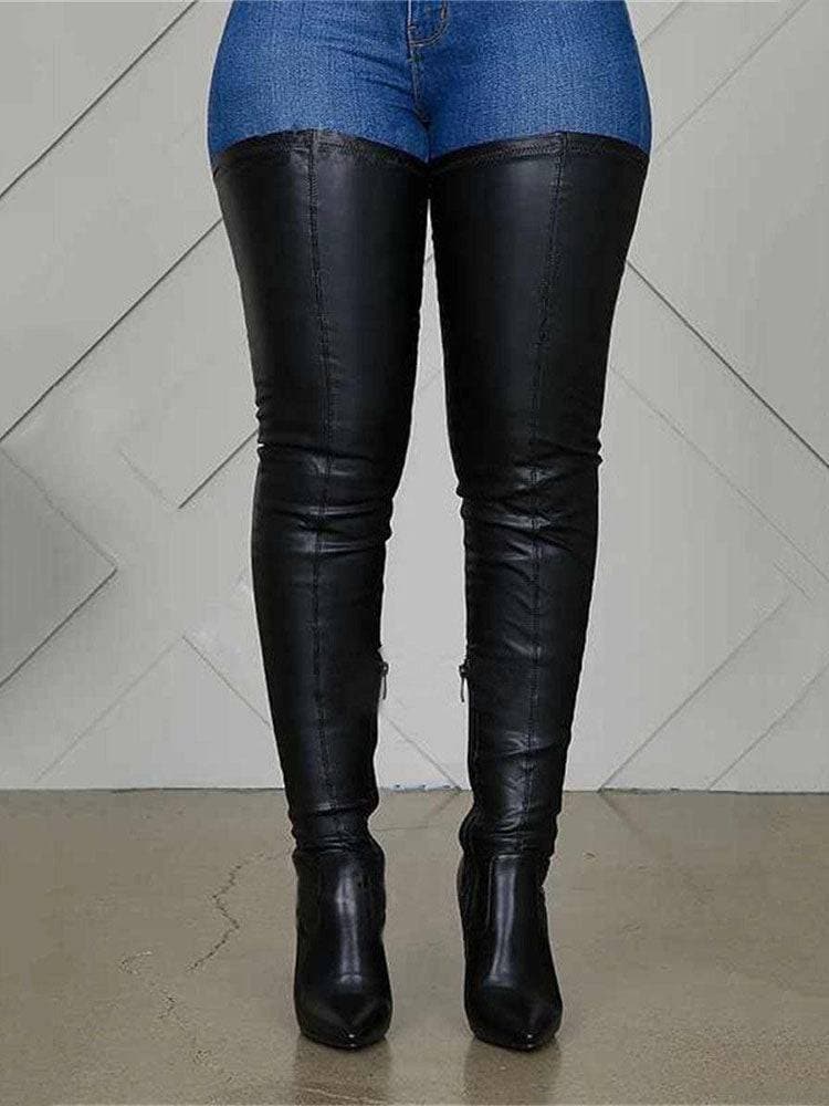 WW | Overknee Stiefel Leder Niedriger Blockabsatz Texturierte Sohle Reißverschlussverschluss