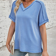 WW | Cord-Ripp V-Ausschnitt Kurzarm T-Shirt