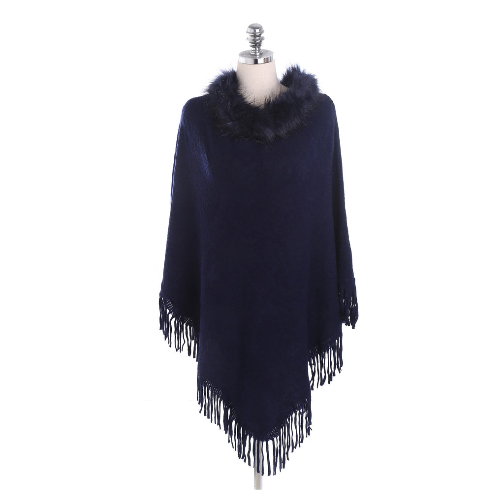 Damen Wickel-Poncho mit luxuriösem Kunstfellkragen und eleganten Fransen WW