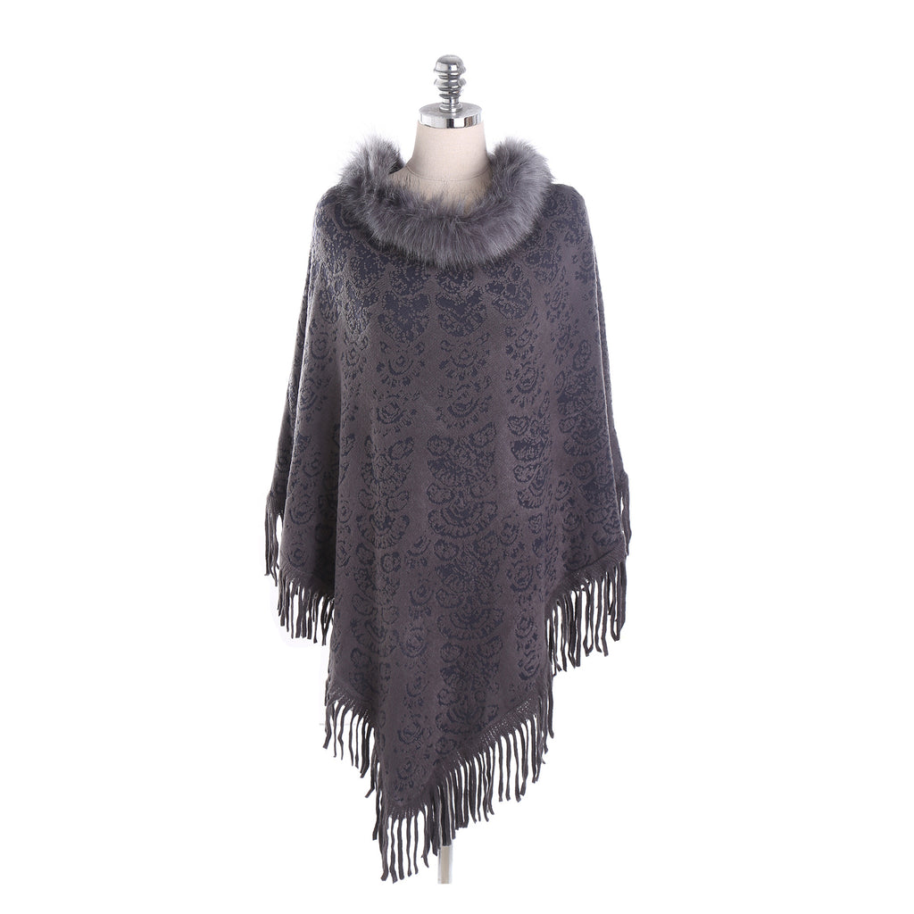 Damen Wickel-Poncho mit luxuriösem Kunstfellkragen und eleganten Fransen WW