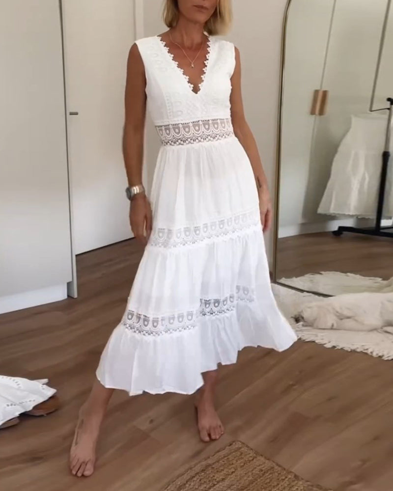 W&W Mode | Ärmelloses Sommerkleid Mit V-ausschnitt Und Spitze Für Frauen