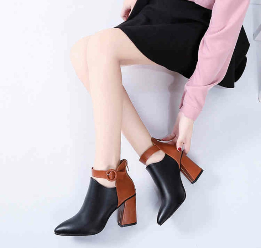 Damen Stiefeletten mit modischem Blockabsatz und geflochtenem Riemendesign WW