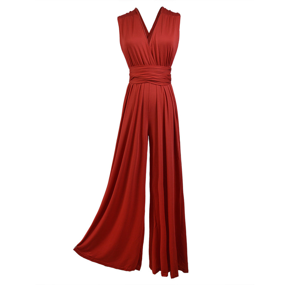 Damen eleganter Jumpsuit mit tiefem V-Ausschnitt und innovativer Wickeloptik WW