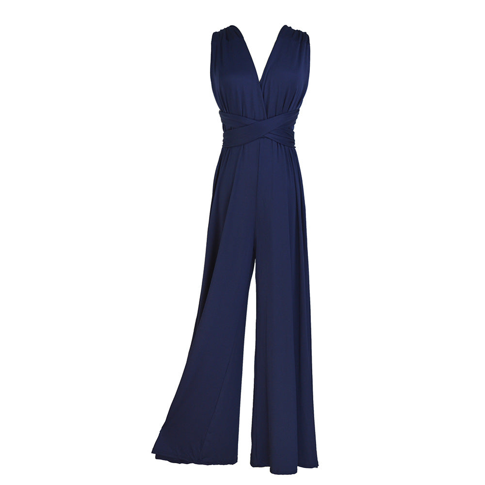 Damen eleganter Jumpsuit mit tiefem V-Ausschnitt und innovativer Wickeloptik WW