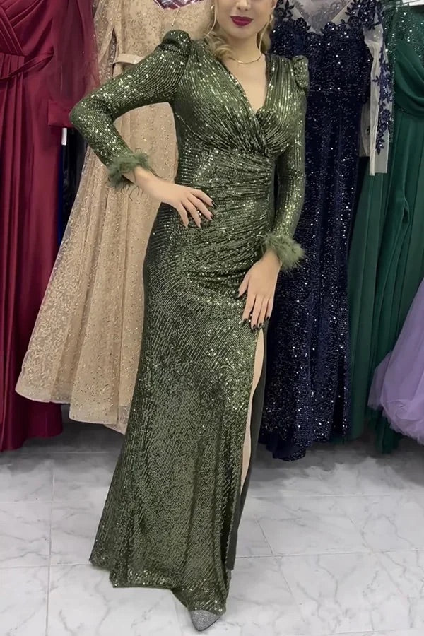 WW | Sparkle World Pailletten Federbesatz Ärmel Schlitz Abend Maxikleid