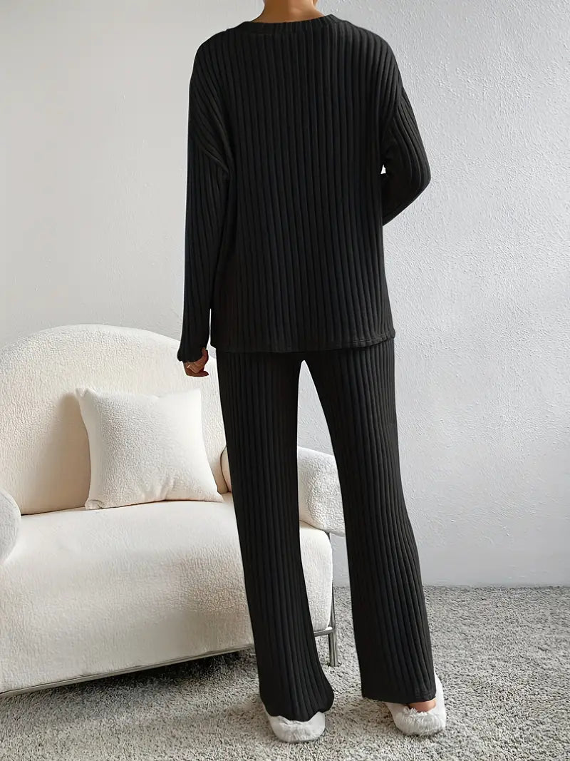 WW 2-teiliges Set | Eleganter gerippter Damenanzug mit V-Ausschnitt-Pullover und passender Hose