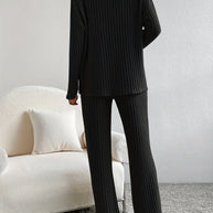 WW 2-teiliges Set | Eleganter gerippter Damenanzug mit V-Ausschnitt-Pullover und passender Hose