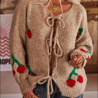 WW | Gebundene Kirsche Rundhalsausschnitt Langarm Cardigan