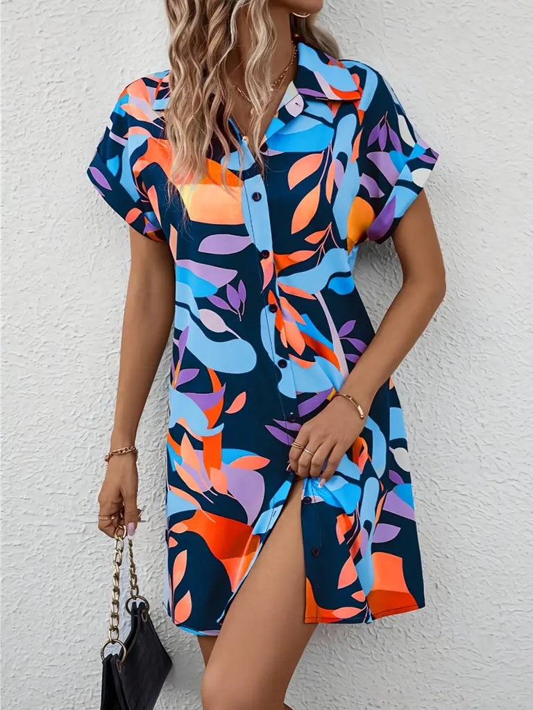WW | Blaue Sommerkleid Tunika Elegante Bluse mit Druck