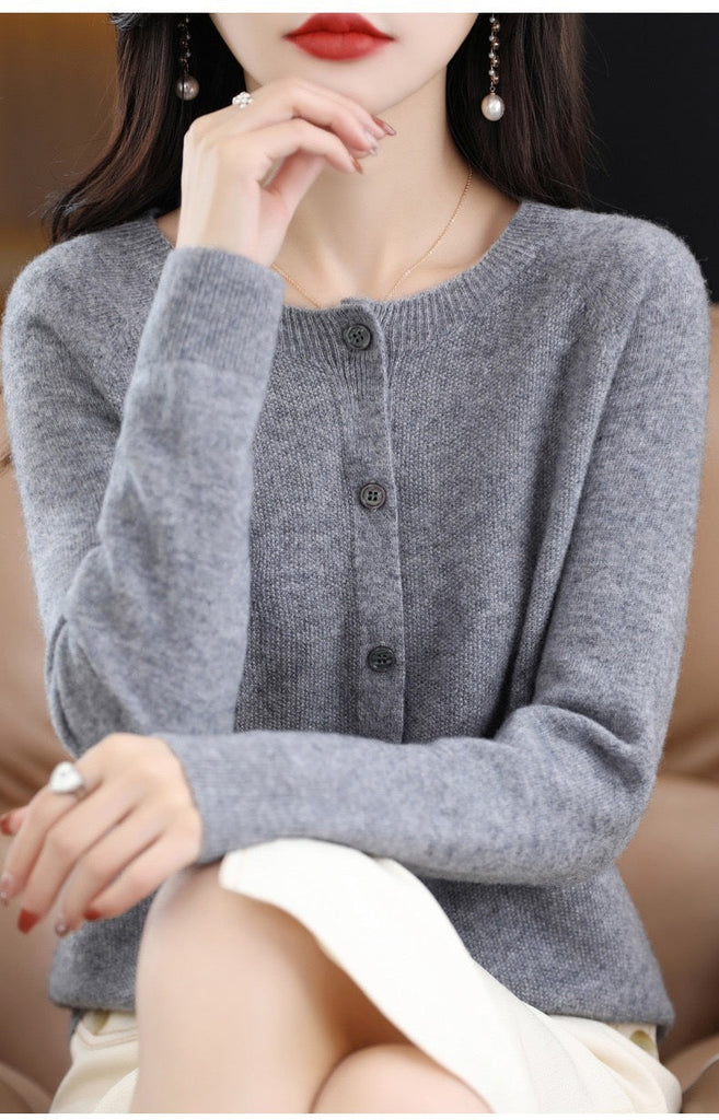 WW | Merino Woll Strickjacke Mit Rundhalsausschnitt Und Langen Ärmeln