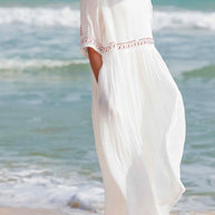 WW | Damen Besticktes Baumwoll Leinen Kleid