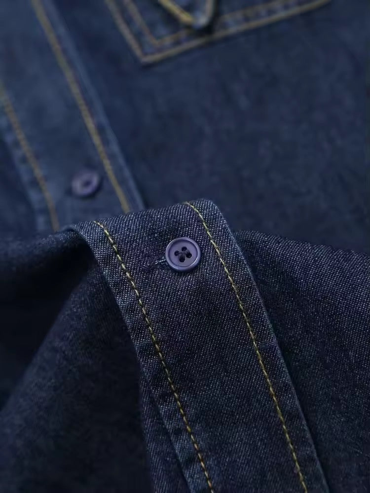 WW | Dunkle Denim Bluse Mit Schleifenkragen