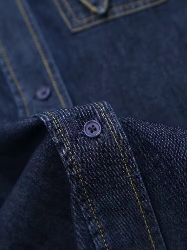 W&W Mode | Dunkle Denim Bluse Mit Schleifenkragen