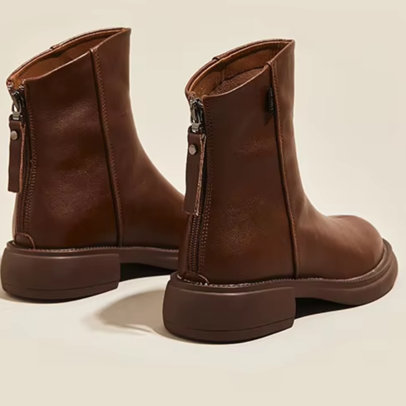 Damen Leder-Ankle-Boots mit rückseitigem Reißverschluss und niedrigem Absatz