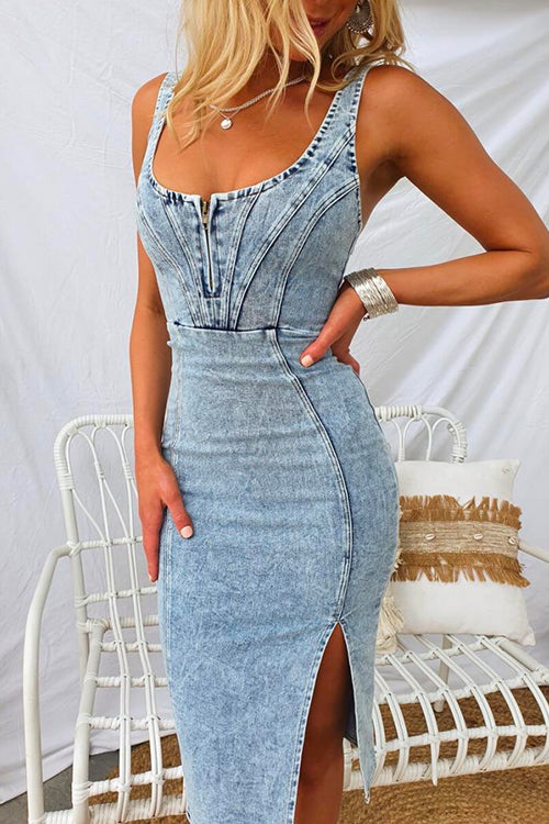 WW | U-Hals Reißverschluss Schlitz Denim Bodycon Cami Kleid