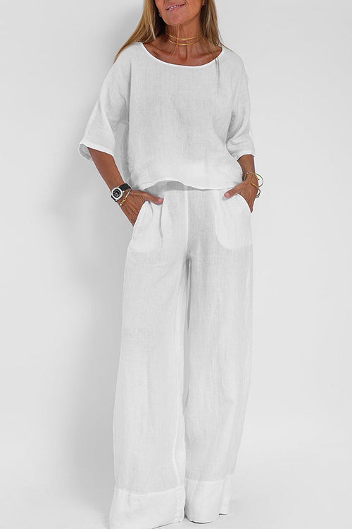 W&W Mode | Rosiedress Rundhals 3/4 Ärmel Pullover Weite Beinhosen Baumwolle Leinen Set