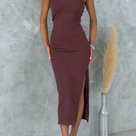 WW | Strapless Tube Schlitz Rippenstrick Midi Kleid