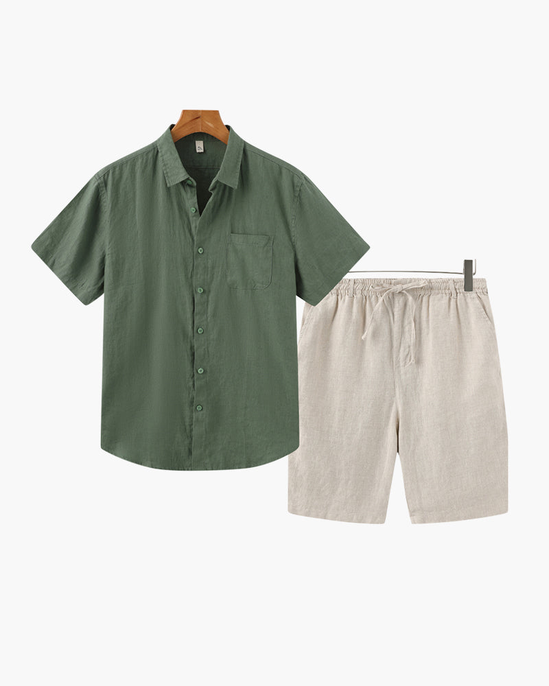 WW | 2 Teiliges Herren Sommer Leinen Satz Mit Kurzarmhemd & Shorts