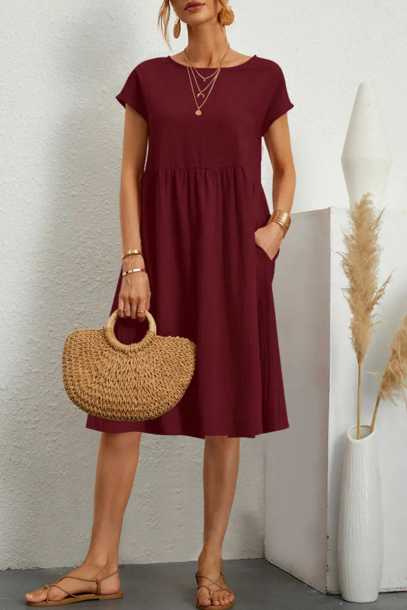WW | Schickes Kurzärmliges Kleid mit Rundhalsausschnitt aus Einfarbigem Patchwork