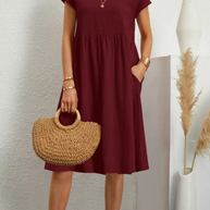 WW | Schickes Kurzärmliges Kleid mit Rundhalsausschnitt aus Einfarbigem Patchwork