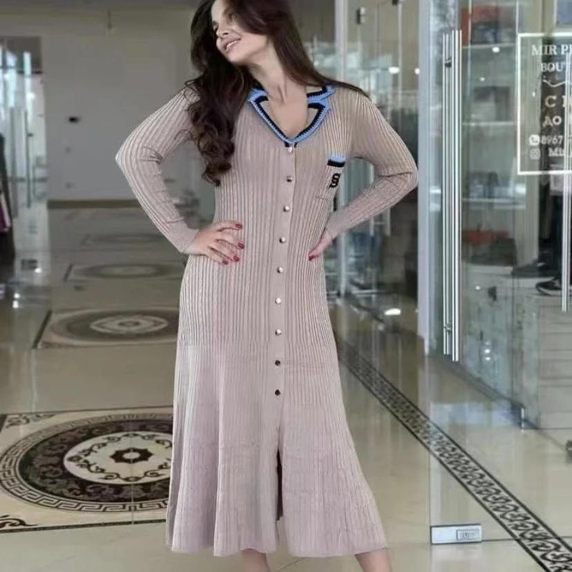 WW | Lange Ärmel Rippstrick Midi Kleid, Strick Damen Kleid