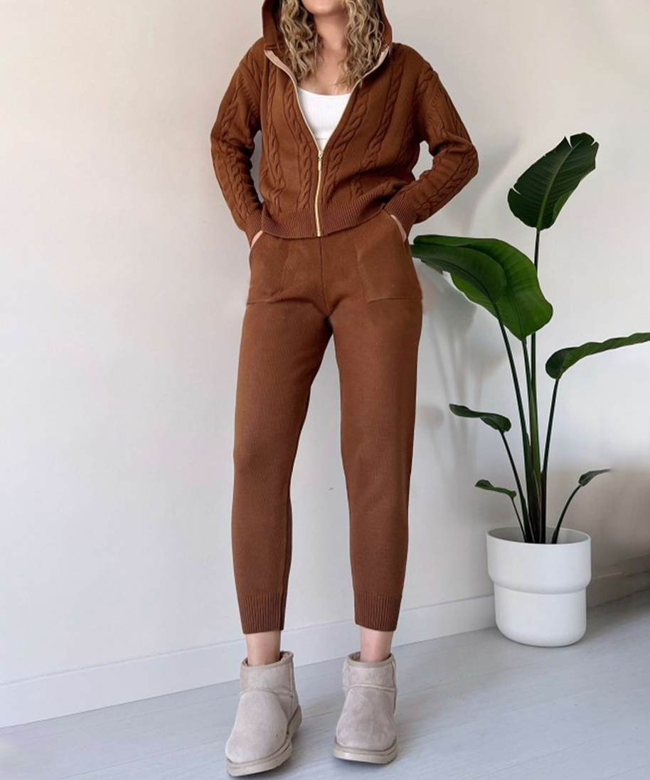WW | teilige gestrickte Lounge-Set - trendiger Hoodie und Jogginganzug für Damen