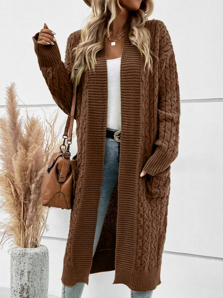 WW | Lange Strickjacken Damen Gestrickte Offene Jacke mit Zopfmuster und Taschen