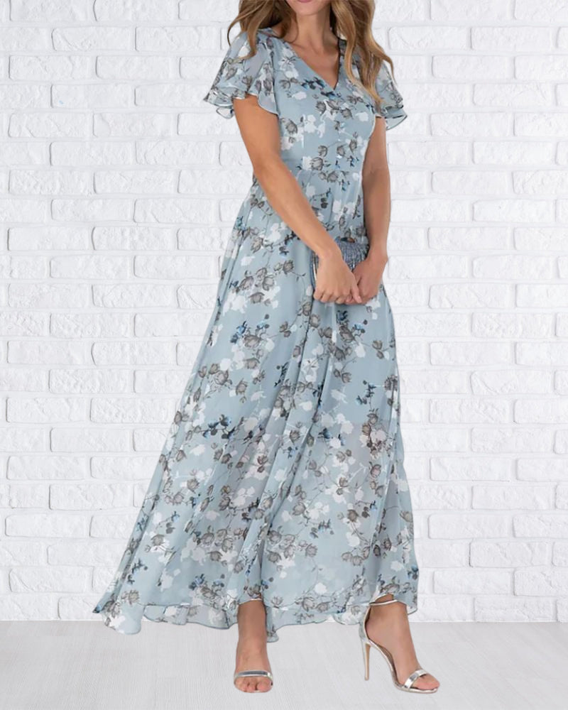 W&W Mode - Florales Maxikleid Damen | Chiffonstoff luftiges Sommerkleid | Maxikleid mit fließendem Rock