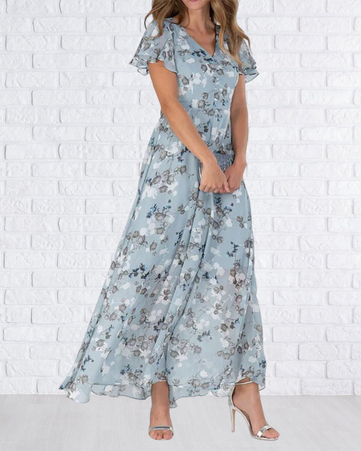 W&W Mode - Florales Maxikleid Damen | Chiffonstoff luftiges Sommerkleid | Maxikleid mit fließendem Rock